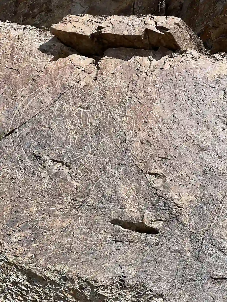 Ancient petroglyph carvings engraved on a rock surface near the Ili River